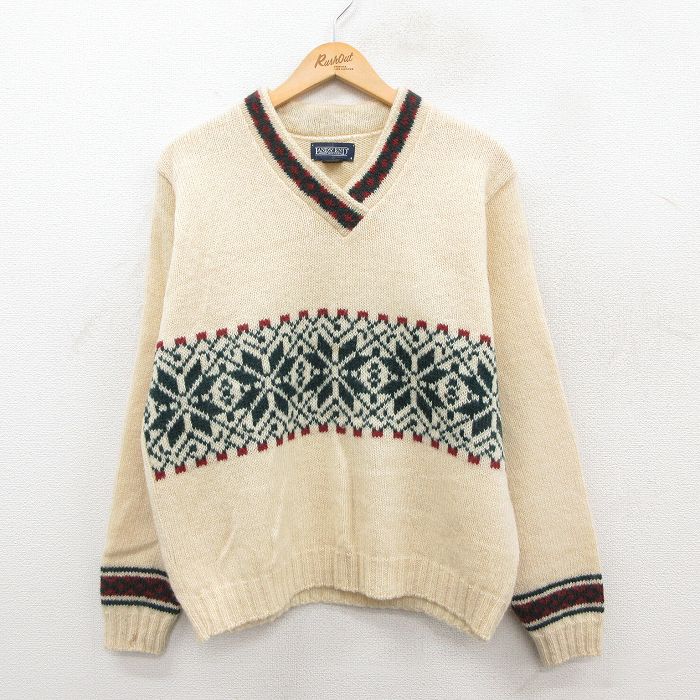 古着 ランズエンド 長袖 ノルディック セーター レディース 90年代 90s 雪柄 ウール Vネック USA製 生成り他 26jan07