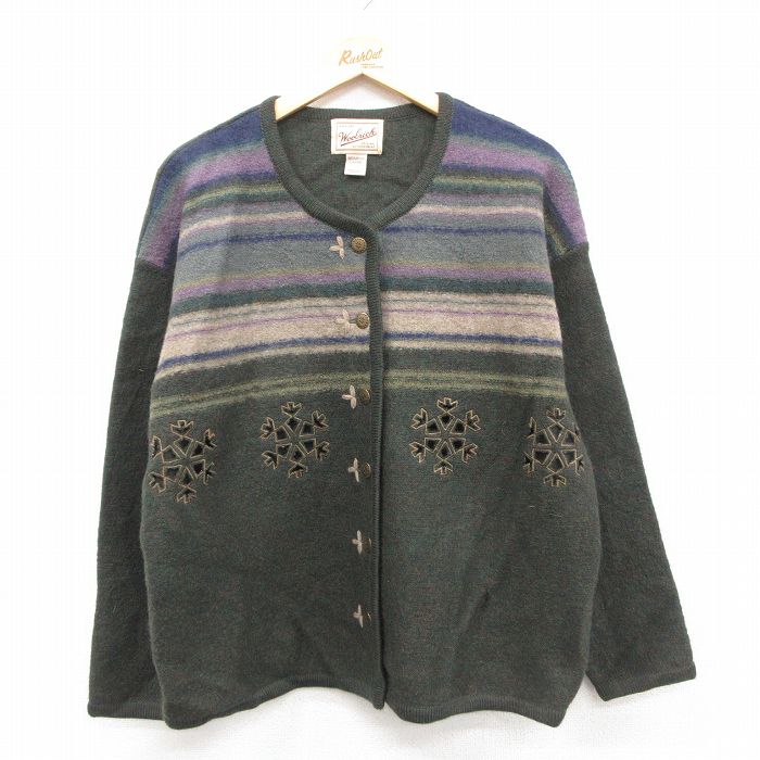 古着 ウールリッチ 長袖 ニット カーディガン レディース 00年代 00s 刺繍 手織り ウール 濃緑 26jan10