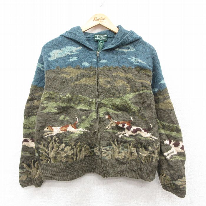 古着 ラルフローレン 長袖 ブランド フルジップ ニット カーディガン パーカー レディース 犬 手編み ハンドニット ラムウール 薄紺他【spe】 26jan10