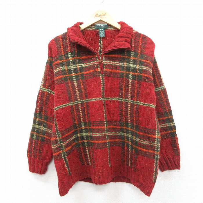 古着 ラルフローレン 長袖 ブランド ハーフジップ セーター レディース 手織り ハンドニット ウール 赤他 チェック【spe】 26jan10