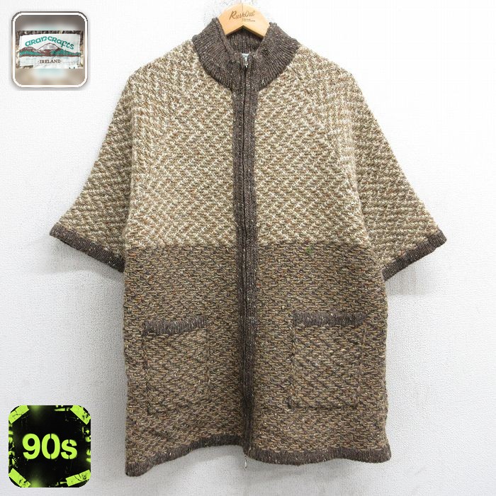 【50%OFF】古着 半袖 フルジップ ニット カーディガン レディース 90年代 90s ラグラン ウール アイルランド製 茶他 26jan16