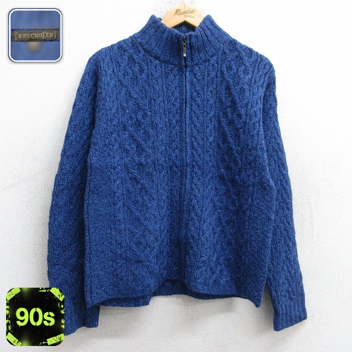 【50%OFF】古着 長袖 ケーブル フルジップ ニット カーディガン レディース 90年代 90s メリノウール アイルランド製 紺他 26jan16