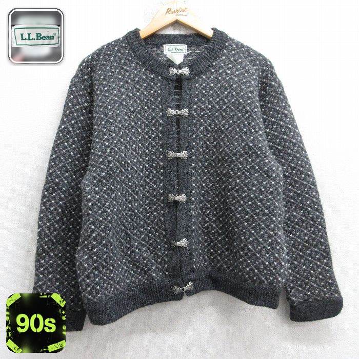 【50%OFF】古着 エルエルビーン 長袖 ニット カーディガン レディース 90年代 90s バーズアイ 大きいサイズ ウール ノルウェー製 濃グレー他【spe】 26jan16