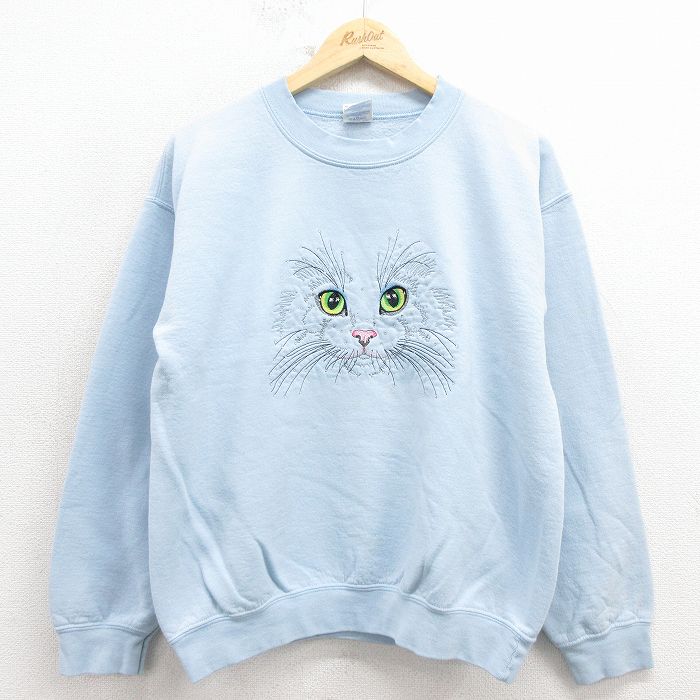 古着 長袖 スウェット レディース 00年代 00s ネコ 刺繍 クルーネック 水色【spe】 26feb04
