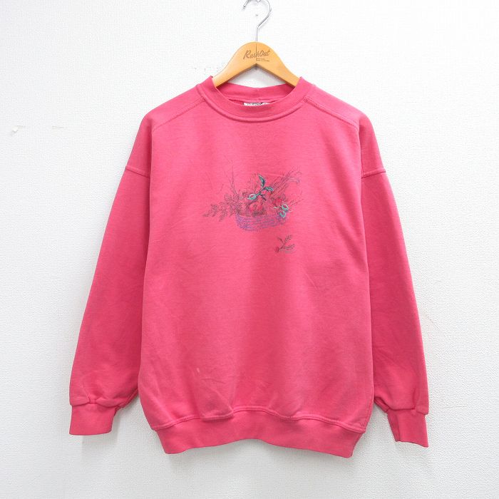 古着 長袖 スウェット レディース 90年代 90s トマト トウモロコシ クルーネック USA製 濃ピンク 26feb05