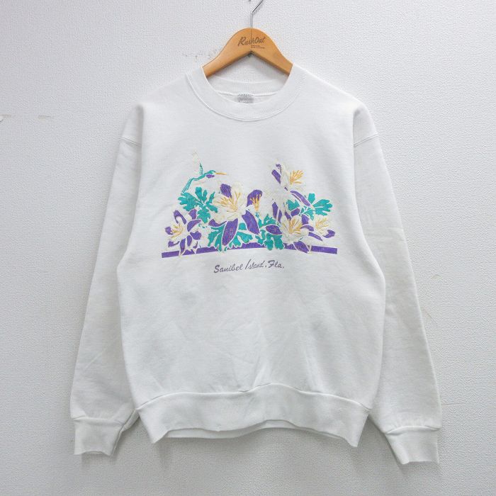 古着 フルーツオブザルーム 長袖 スウェット レディース 90年代 90s 花 クルーネック USA製 白 26feb05