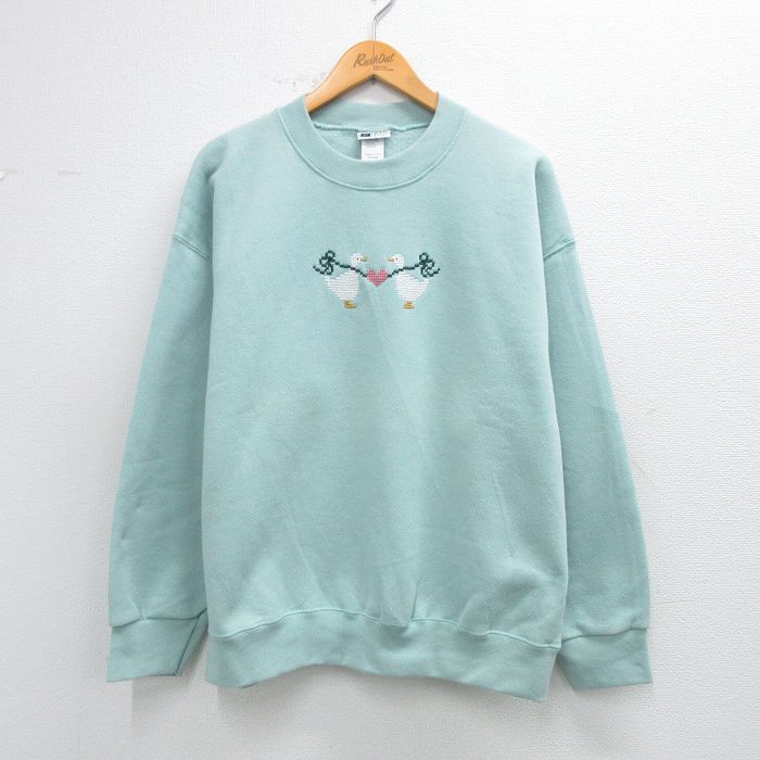 古着 長袖 スウェット レディース 90年代 90s アヒル ハート 刺繍 大きいサイズ クルーネック USA製 薄緑系 26feb05