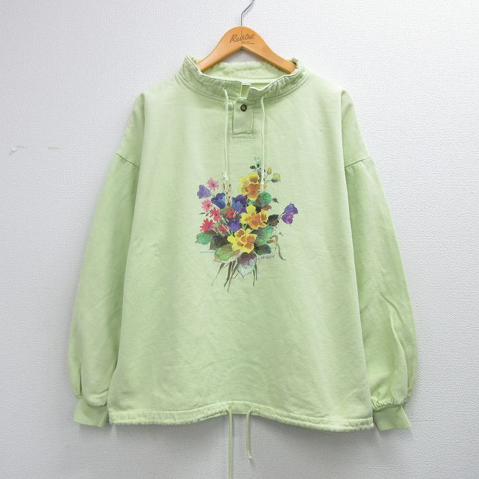 古着 長袖 スウェット レディース 90年代 90s 花 コットン USA製 黄緑 26mar27