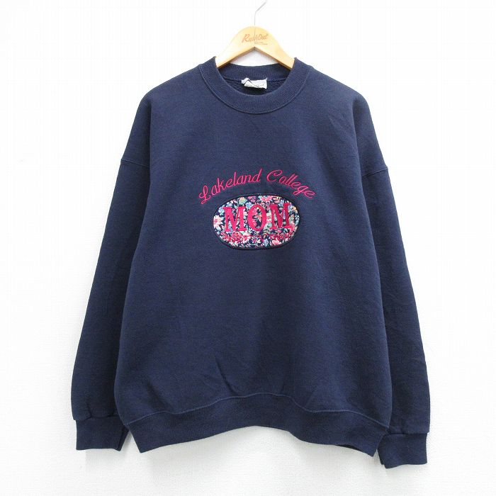 古着 長袖 スウェット レディース 00年代 00s MOM 刺繍 大きいサイズ クルーネック 紺 26mar27