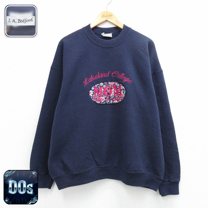 古着 長袖 スウェット レディース 00年代 00s MOM 刺繍 大きいサイズ クルーネック 紺 26mar27