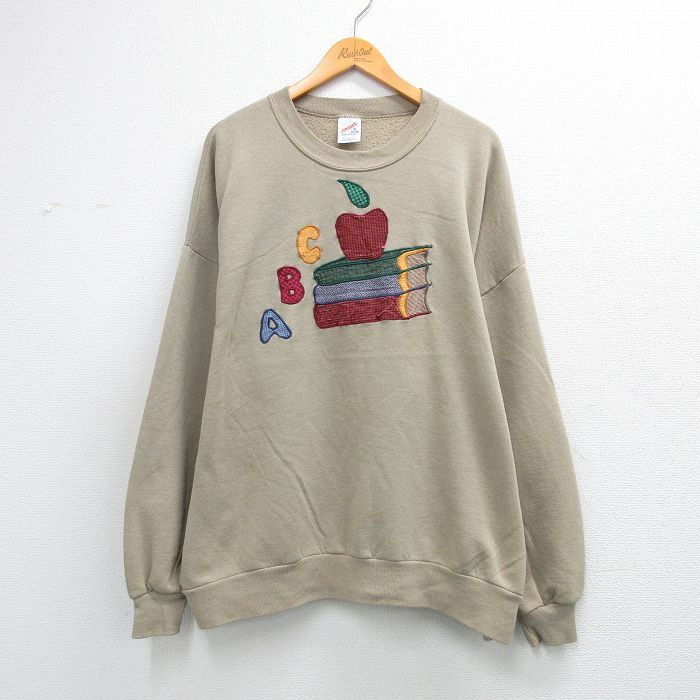 古着 ジャージーズ  スウェット レディース 90年代 90s リンゴ 本 刺繍 大きいサイズ クルーネック USA製 ベージュ 26mar27