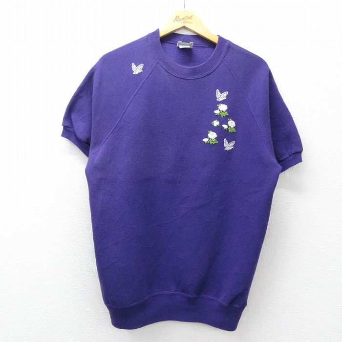 古着 リー Lee 半袖 スウェット レディース 90年代 90s 花 チョウ 刺繍 ラグラン クルーネック USA製 紫 26mar27
