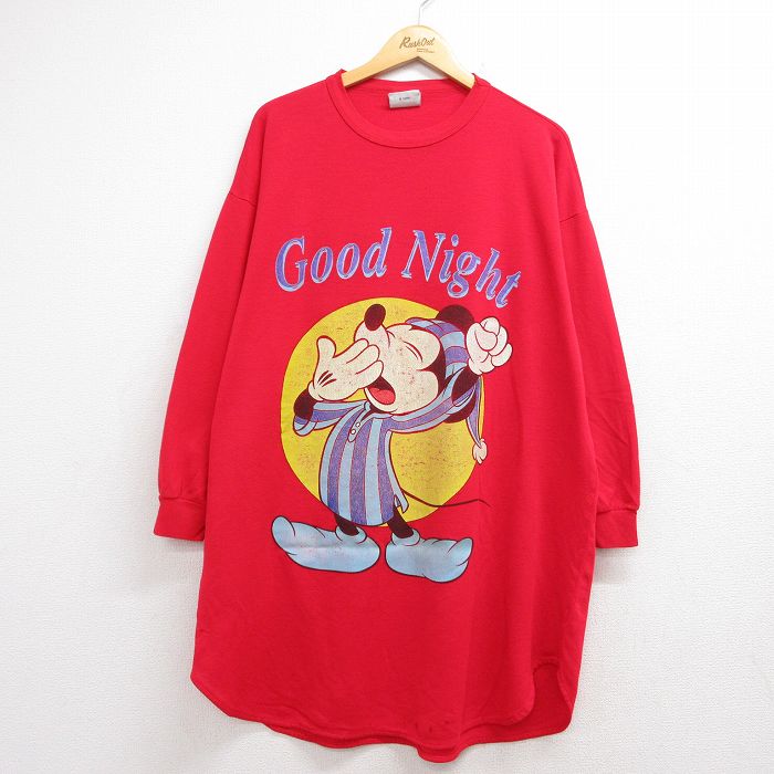 古着 長袖 スウェット レディース 90年代 90s ディズニー ミッキー 大きいサイズ ロング丈 クルーネック レッド【spe】 26aug07