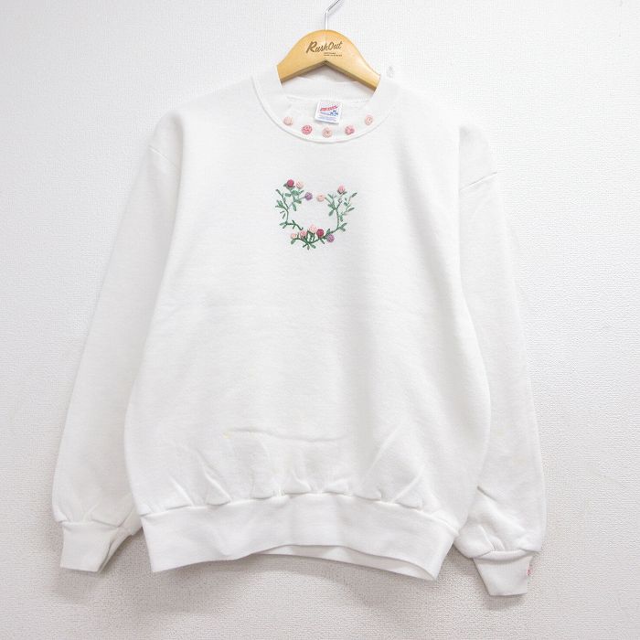 古着 ジャージーズ 長袖 スウェット レディース 90年代 90s 花 刺繍 クルーネック USA製 ホワイト 26aug07