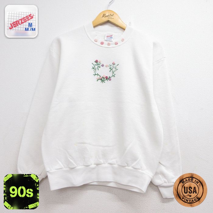 古着 ジャージーズ 長袖 スウェット レディース 90年代 90s 花 刺繍 クルーネック USA製 ホワイト 26aug07