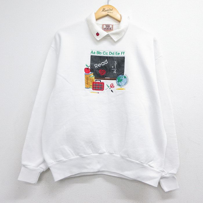 古着 長袖 スウェット レディース 90年代 90s 黒板 地球儀 リンゴ 刺繍 襟付き USA製 ホワイト 26aug10