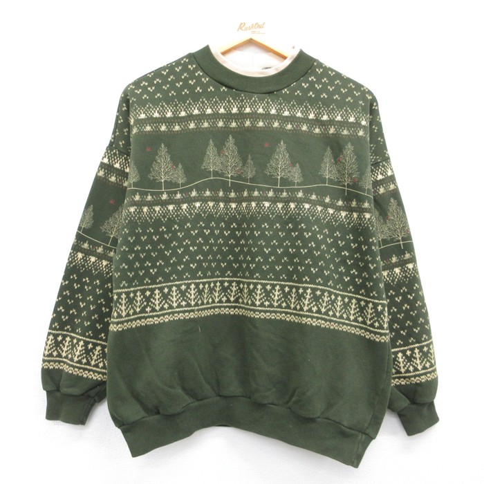 古着 Artisans 長袖 ニット 90年代 90s レディース プリント フェアアイル クルーネック 総柄 USA製 グリーン 26aug25