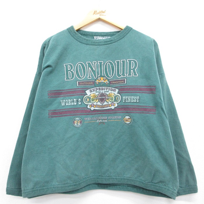 古着 bonjour 長袖 ニット 90年代 90s レディース 大きいサイズ コットン クルーネック USA製 グリーン 26aug25