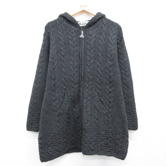 古着 Aran Crafts 長袖 ニット メリノウール アラン デッド フィッシャーマン ケーブル カーディガン レディース グレー【spe】 26aug25