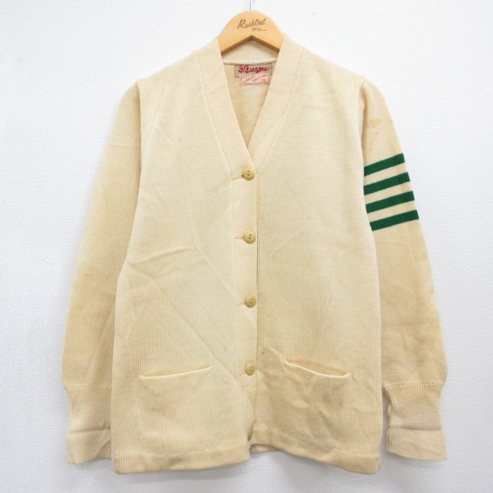 古着 Busm 長袖 ビンテージ ニット メンズ 50年代 50s カーディガン レタード セーター ウール 生成り ベージュ 26aug25