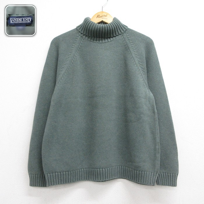 古着 LANDS'END ランズエンド 長袖 ニット レディース 無地 セーター ラグラン コットン タートルネック グリーン 霜降り 26sep15