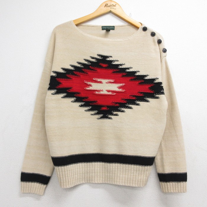 古着 ラルフローレン Ralph Lauren 長袖 ブランド ニット レディース 90年代 90s セーター ネイティブ柄 ボートネック 総柄 ベージュ【spe】 26sep15