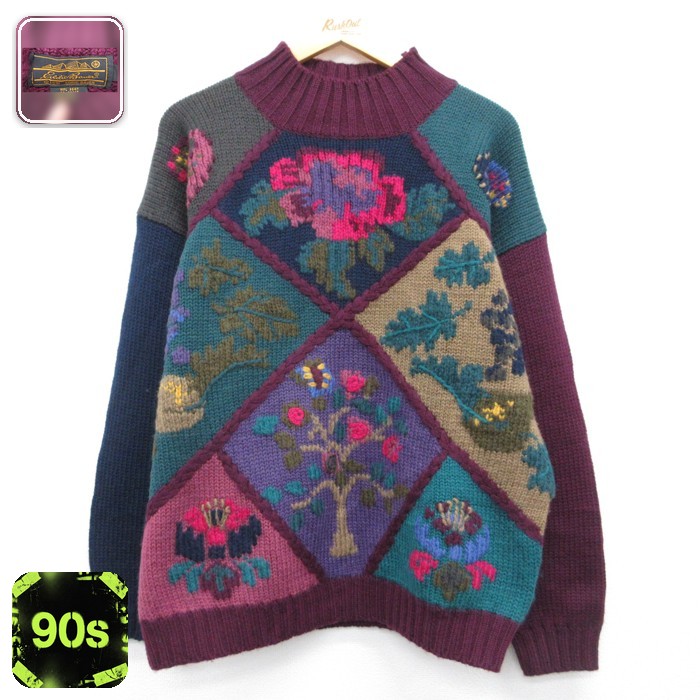 古着 Eddie Bauer エディーバウアー 長袖 ニット レディース 90年代 90s セーター 花柄 ウール 総柄 モックネック バーガンディ 26sep16