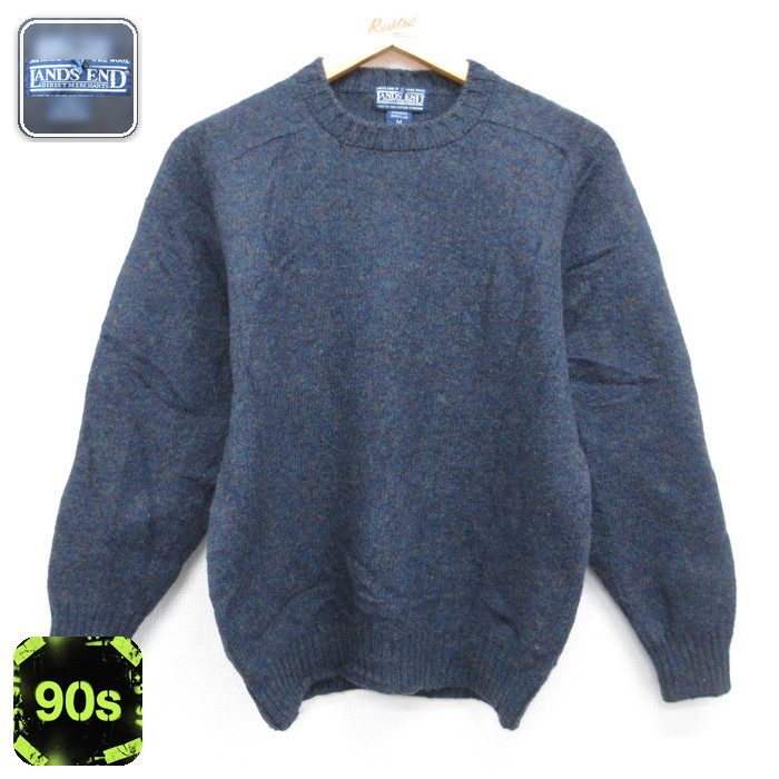 古着 LANDS'END ランズエンド 長袖 ニット レディース 90年代 90s シェットランドウール クルーネック イギリス製 ネイビー 霜降り【spe】 26sep16
