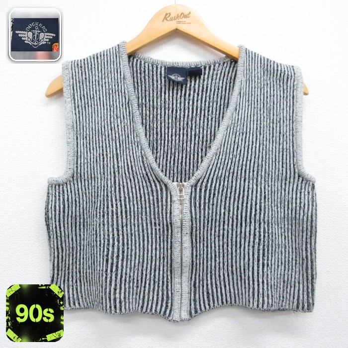 古着 DOCKERS ドッカーズ ニット フルジップ レディース 90年代 90s コットン Vネック ブラック ストライプ 26sep16