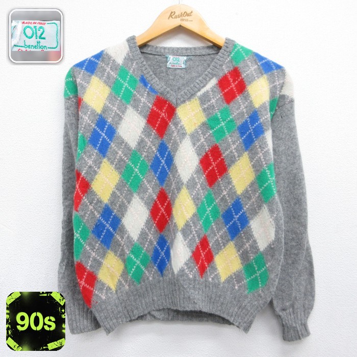 古着 ベネトン Benetton 長袖 ニット レディース 90年代 90s アーガイル アクリル Vネック 総柄 イタリア製 グレー 26sep18