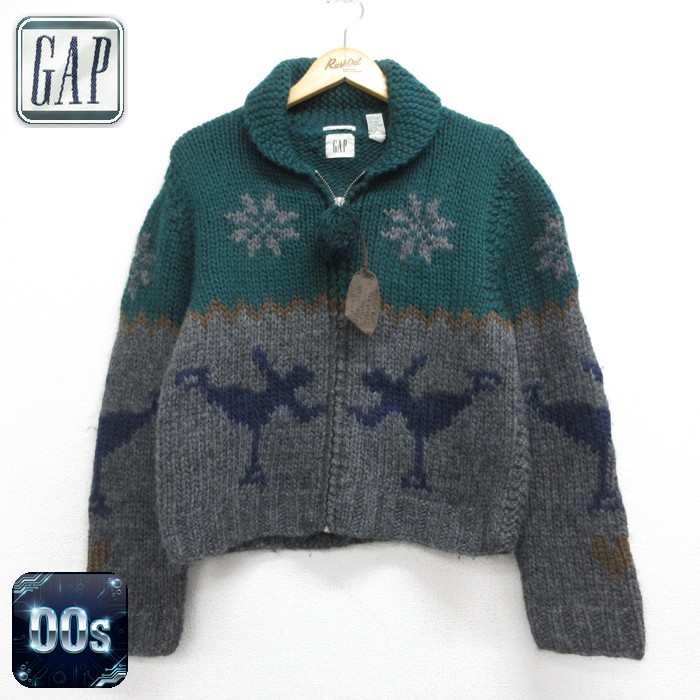 古着 ギャップ GAP 長袖 ニット レディース 00年代 00s カーディガン ハンド カウチン ウール 総柄 グリーン 26sep29