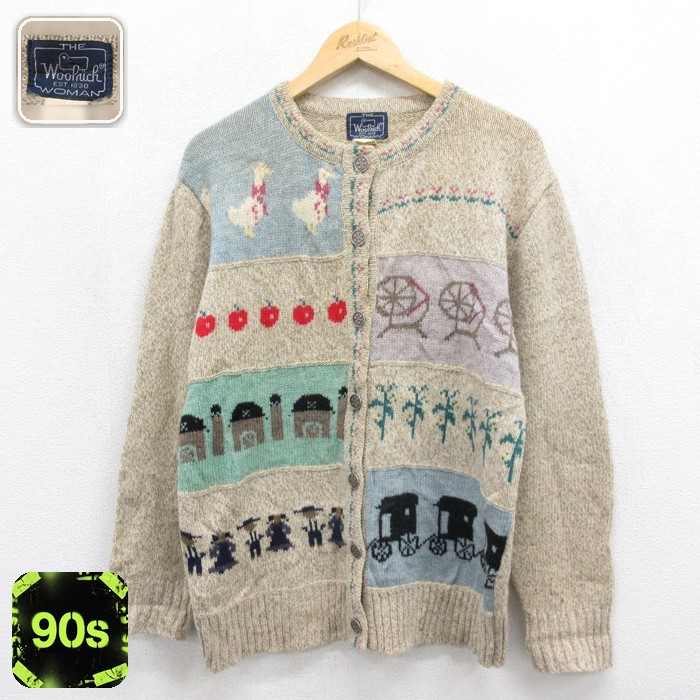 古着 ウールリッチ Woolrich 長袖 ニット レディース 90年代 90s カーディガン クルーネック ベージュ 霜降り 26sep29