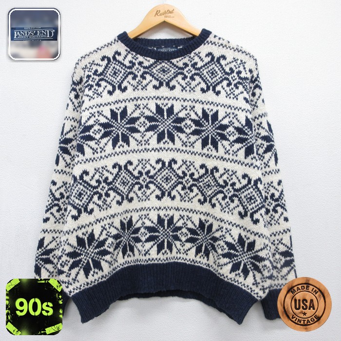 古着 LANDS'END ランズエンド 長袖 ニット レディース 90年代 90s ノルディック セーター コットン クルーネック 総柄 USA製 ネイビー 26oct05