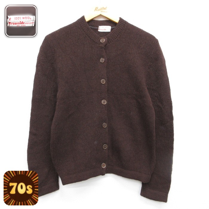 古着 Brookside 長袖 ニット レディース 70年代 70s カーディガン ウール クルーネック ブラウン 26oct05