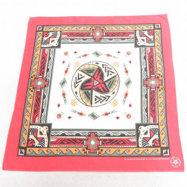中古 バンダナ 90年代 90s ネイティブ柄 ラグ柄 USA製 赤 レッド 25may10