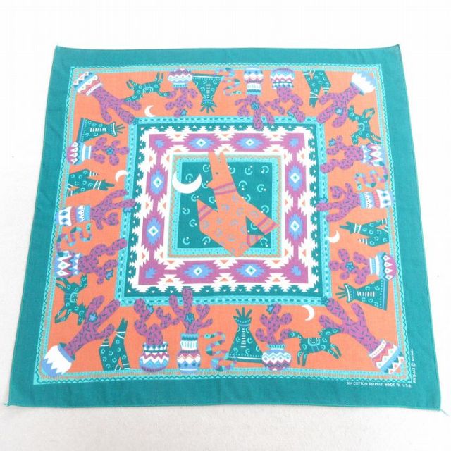 中古 バンダナ 80年代 80s オオカミ ネイティブ柄 ラグ柄 USA製 緑 グリーン 25may10