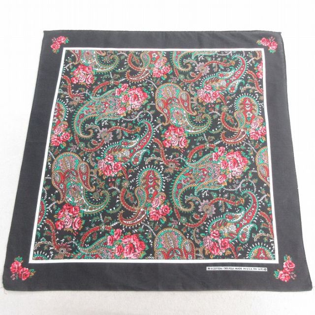 中古 バンダナ 80年代 80s 花柄 ペイズリー柄 USA製 黒 ブラック 25may10