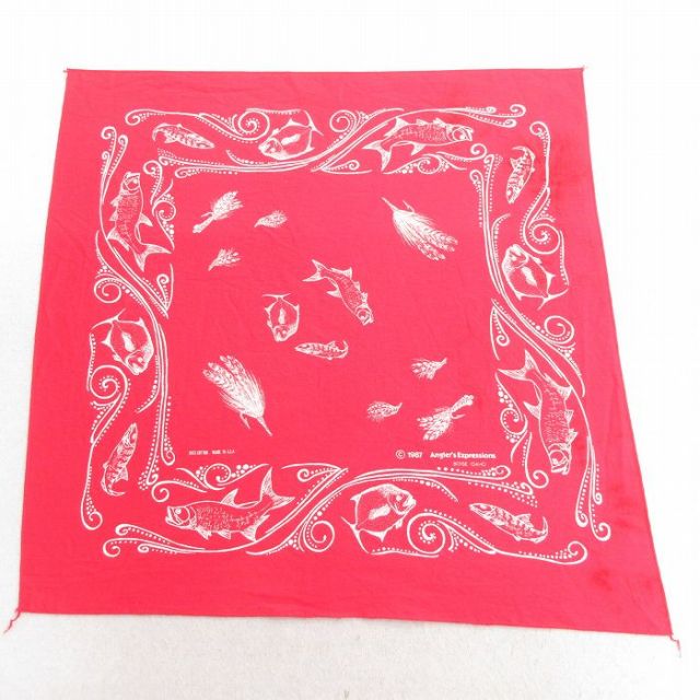 中古 バンダナ 80年代 80s 魚 コットン USA製 赤 レッド 25may12