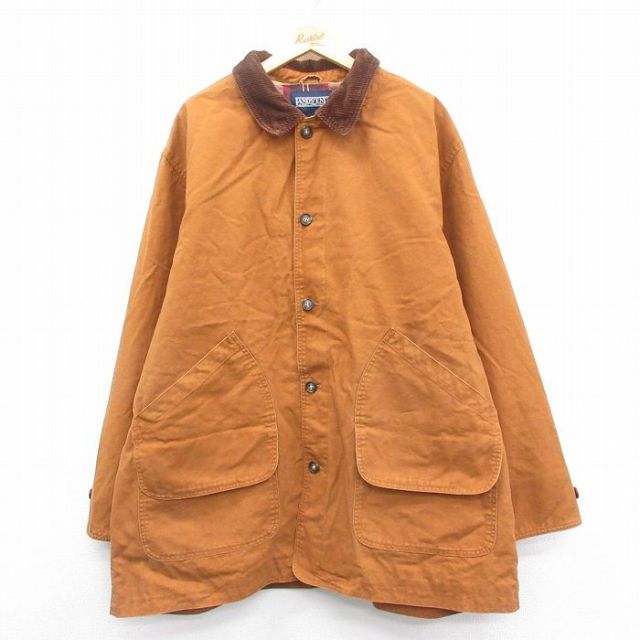 XL★古着 ランズエンド 長袖 カバーオール メンズ 90年代 90s 襟コーデュロイ ダック地 大きいサイズ ロング丈 コットン 茶 ブラウン 内側フランネル 25jan06 中古 アウター