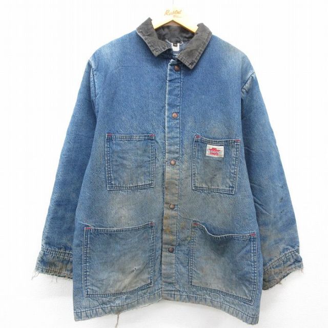 XL★古着 長袖 カバーオール メンズ 80年代 80s CAMOOSE 襟コーデュロイ 紺 ネイビー デニム ブランケット 25feb05 中古 アウター
