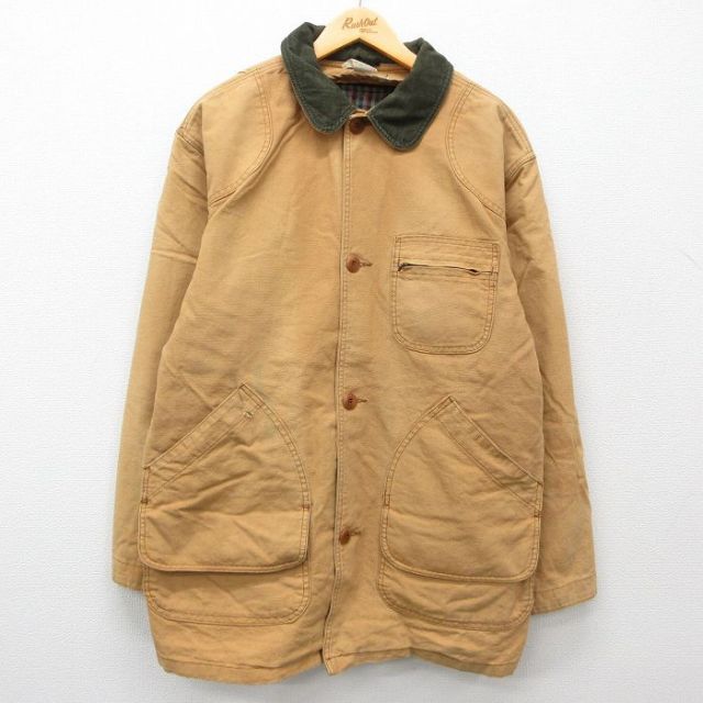 XL★古着 エルエルビーン LLBEAN 長袖 カバーオール メンズ 90年代 90s ダック地 襟コーデュロイ 大きいサイズ ロング丈 コットン USA製 濃ベージュ カーキ 25feb05 中古 アウター