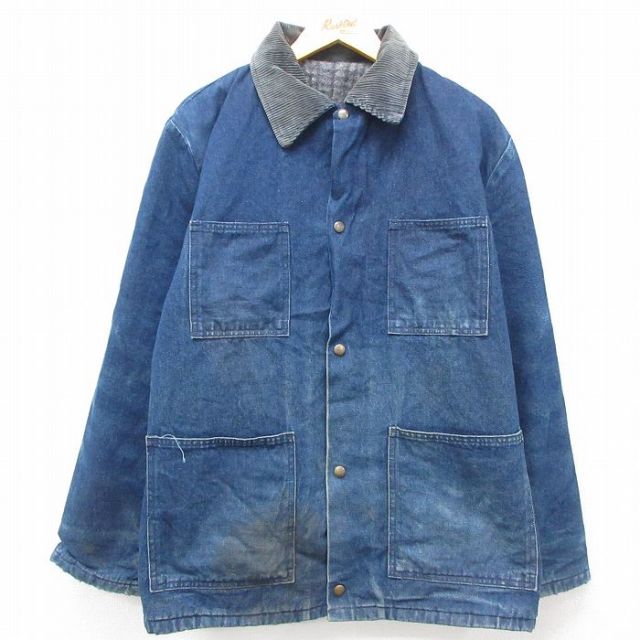 XL★古着 ウォールズ 長袖 カバーオール メンズ 90年代 90s 大きいサイズ コットン 襟コーデュロイ 紺 ネイビー デニム 内側ブランケット 25feb05 中古 アウター