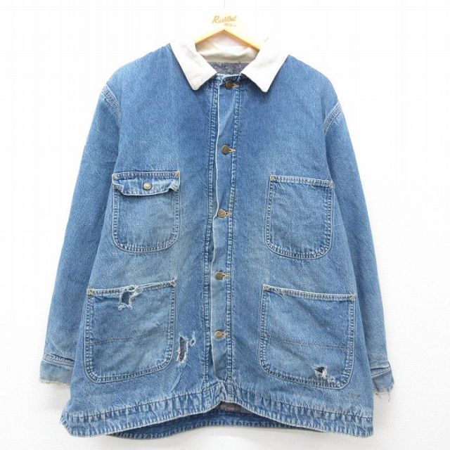 XL★古着 ローバックス 長袖 カバーオール メンズ 80年代 80s 大きいサイズ 襟コーデュロイ USA製 紺 ネイビー デニム 内側ブランケット 25feb05 中古 アウター