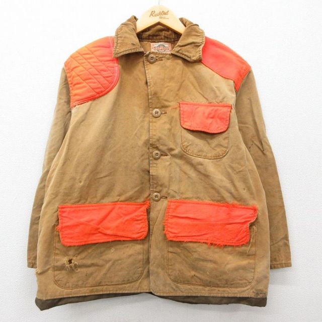 XL★古着 SAFTBAK 長袖 ハンティング ジャケット メンズ 80年代 80s ダック地 襟コーデュロイ 濃ベージュ カーキ 25feb05 中古 アウター