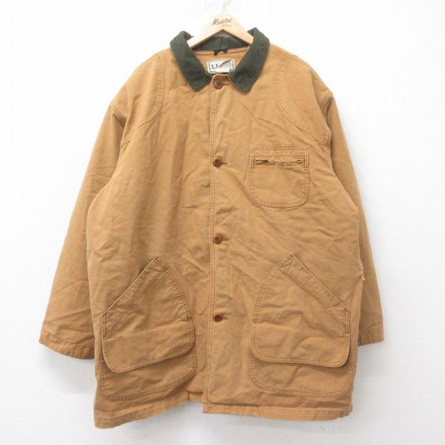 XL★古着 エルエルビーン LLBEAN 長袖 カバーオール メンズ 90年代 90s 襟コーデュロイ ダック地 プリマロフト 大きいサイズ ロング丈 コットン USA製 茶 ブラウン 25feb12 中古 アウター