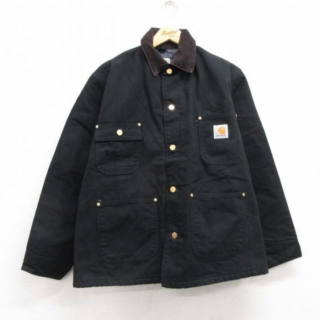 L★古着 カーハート Carhartt 長袖 カバーオール ミシガンチョア ジャケット メンズ ダック地 コットン 襟コーデュロイ 黒 ブラック 内側ブランケット 【spe】 25feb25 中古 アウター
