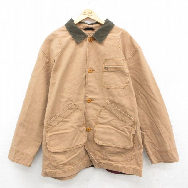 XL★古着 エルエルビーン LLBEAN 長袖 ジャケット カバーオール メンズ 00年代 00s 襟コーデュロイ ダック地 大きいサイズ ロング丈 コットン ベージュ カーキ 内側フランネル 【spe】 25sep27 中古 アウター