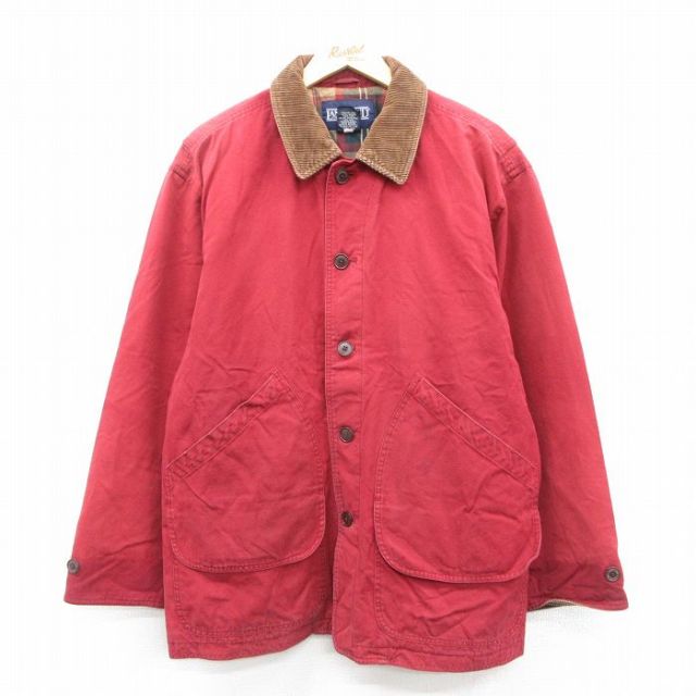 XL★古着 ランズエンド 長袖 カバーオール メンズ 90年代 90s ダック地 襟コーデュロイ コットン 赤 レッド 25oct01 中古 アウター