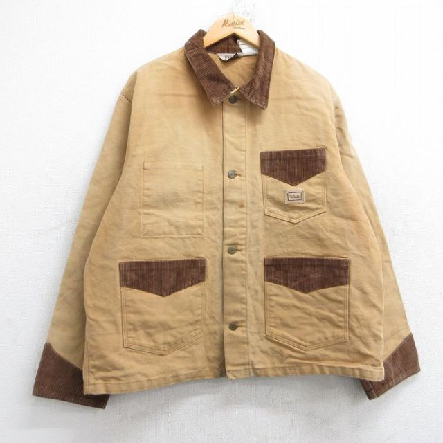 XL★古着 ウォールズ Walls 長袖 カバーオール メンズ 80年代 80s 襟コーデュロイ ダック地 大きいサイズ コットン ベージュ系 カーキ 25oct15 中古 アウター
