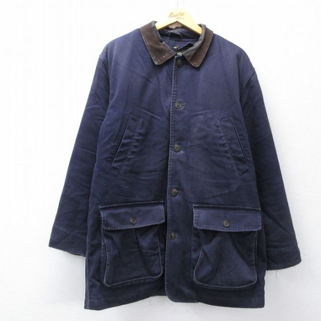 XL★古着 ランズエンド 長袖 カバーオール メンズ 00年代 00s 襟レザー ロング丈 コットン 紺 ネイビー 内側キルティング 25oct24 中古 アウター